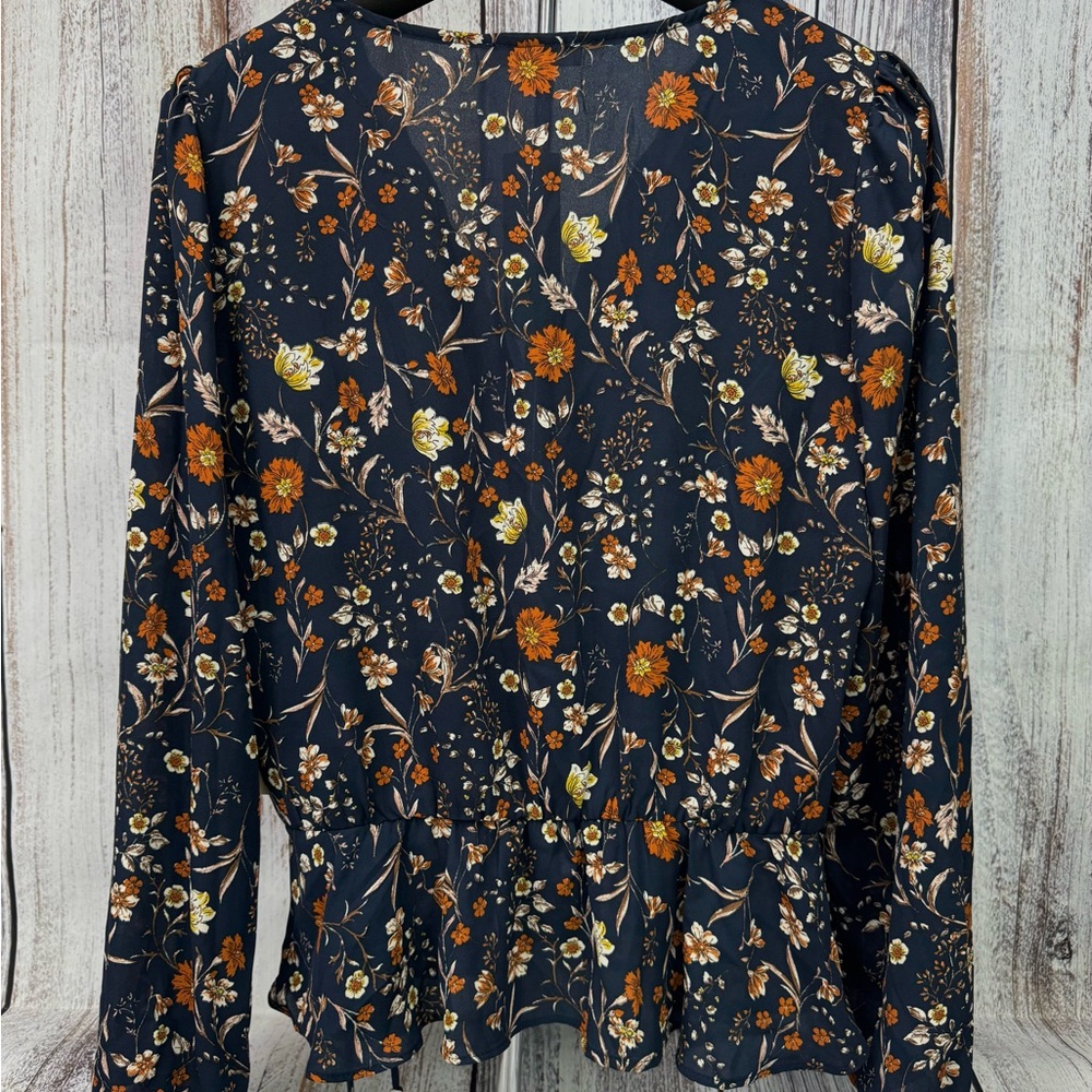 nine britton Navy Floral Wrap Blouse with Mustard and Cream Flowers - Picture 2 of 9